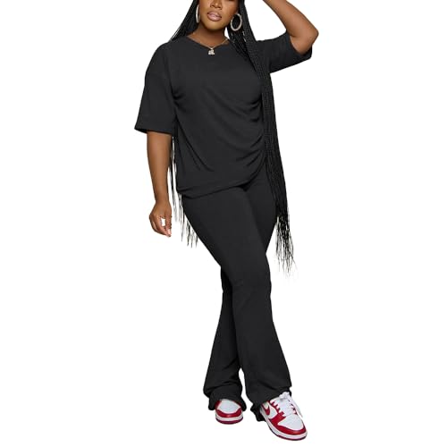 PINSV Women’s 2-Piece Lounge Set – Short Sleeve Top & Flare Pants Tracksuit with Stripes