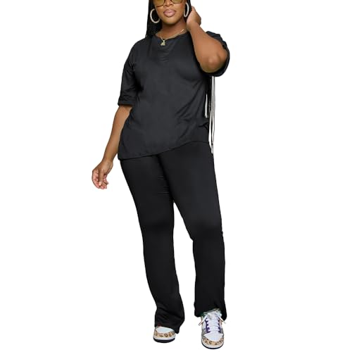 PINSV Women’s 2-Piece Lounge Set – Short Sleeve Top & Flare Pants Tracksuit with Stripes