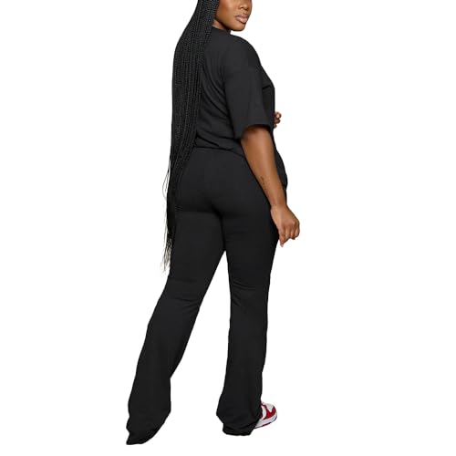 PINSV Women’s 2-Piece Lounge Set – Short Sleeve Top & Flare Pants Tracksuit with Stripes