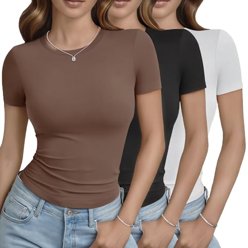 GAYHAY Women’s 3-Pack Basic Slim-Fit Crew Neck Tees – Black, White & Brown Crop Tops
