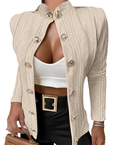 CHICME Women’s Argyle Cable Knit Cropped Cardigan Jacket – Light Khaki