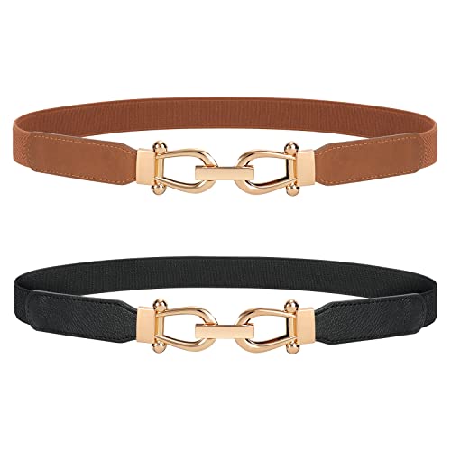 JASGOOD Women’s 2-Pack Stretchy Waist Belts – Retro Elastic Skinny Belts with Gold Buckle