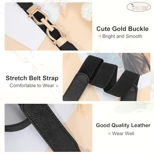 JASGOOD Women’s 2-Pack Stretchy Waist Belts – Retro Elastic Skinny Belts with Gold Buckle