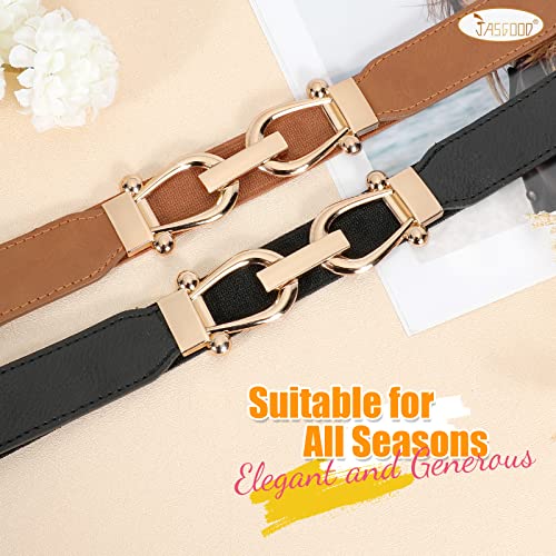JASGOOD Women’s 2-Pack Stretchy Waist Belts – Retro Elastic Skinny Belts with Gold Buckle
