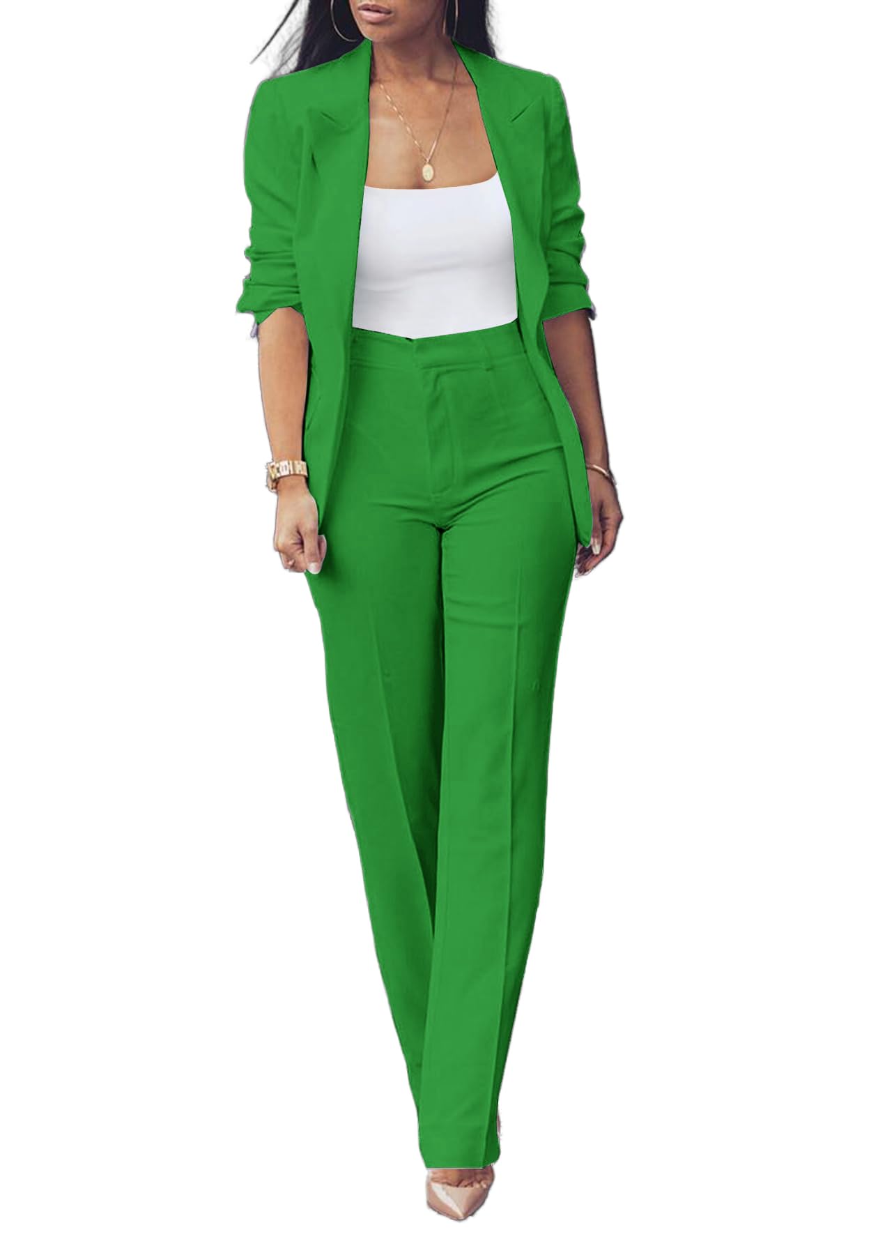 Elegant Fall Pants Suit for Women 2 Piece Business Outfits Solid Long Sleeve Blazer Pant Set Office Suits Green