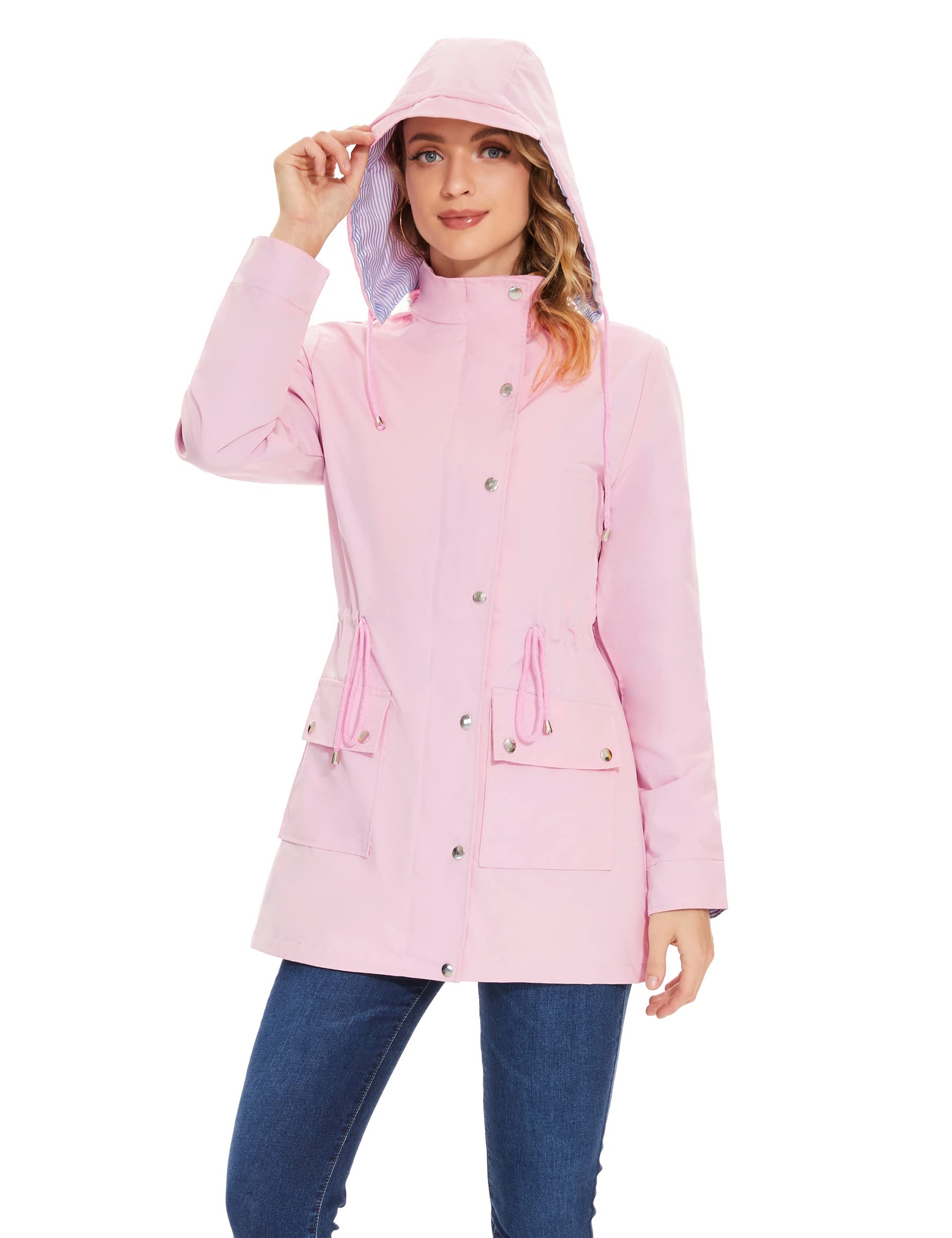 BBX Lephsnt Women’s Lightweight Waterproof Rain Jacket – Hooded Trench Windbreaker in Pink (Size M)