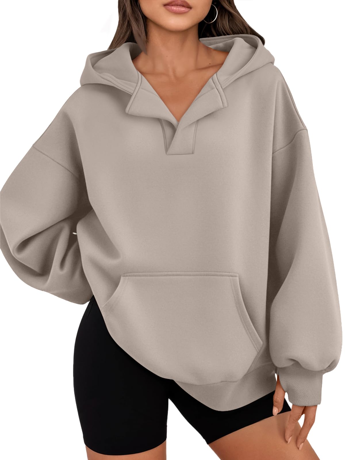 Trendy Queen Womens Oversized V Neck Hoodies with Thumb Hole Pullover Sweatshirts Y2k Clothes Fall Fashion Outfits 2025 CoffeeGrey