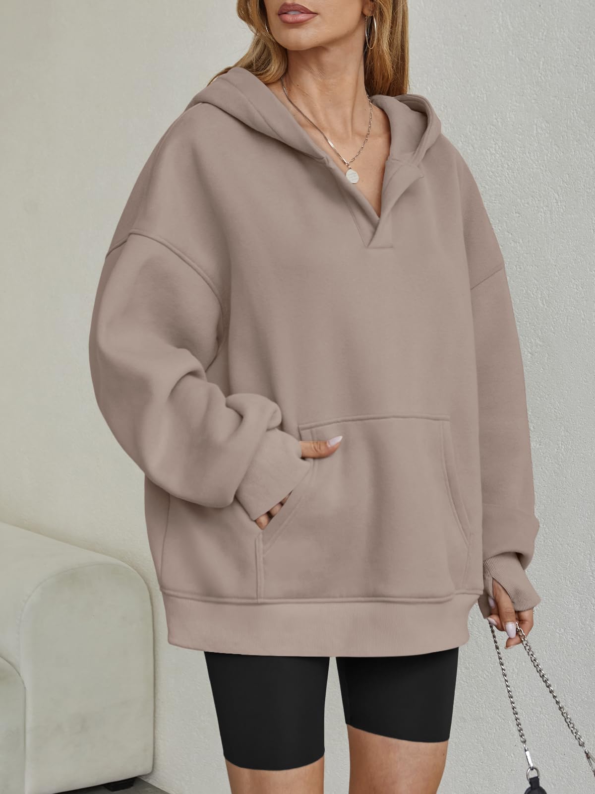 Trendy Queen Womens Oversized V Neck Hoodies with Thumb Hole Pullover Sweatshirts Y2k Clothes Fall Fashion Outfits 2025 CoffeeGrey