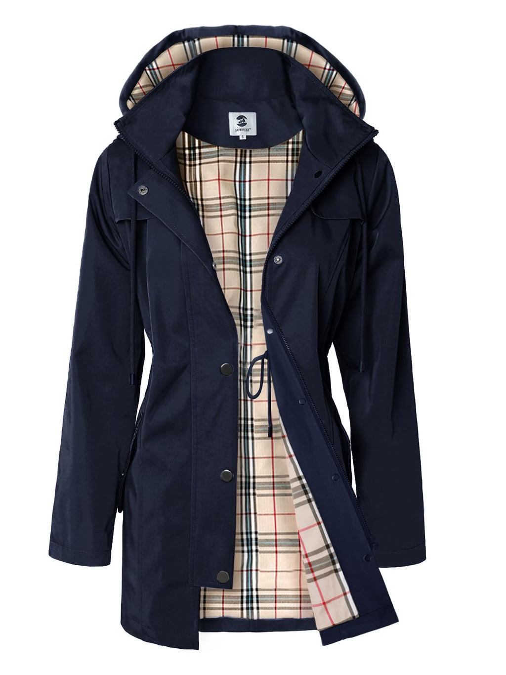 SaphiRose Women’s Long Hooded Rain Jacket – Navy Blue Outdoor Windbreaker (Size L)