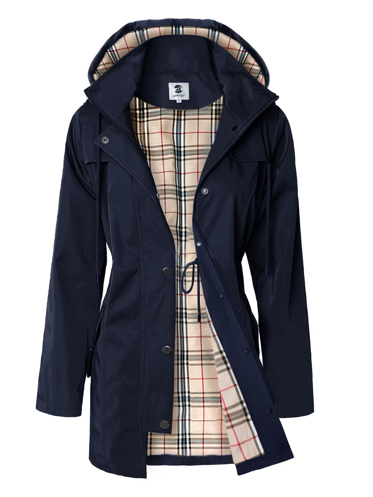 SaphiRose Women’s Long Hooded Rain Jacket – Navy Blue Outdoor Windbreaker (Size L)