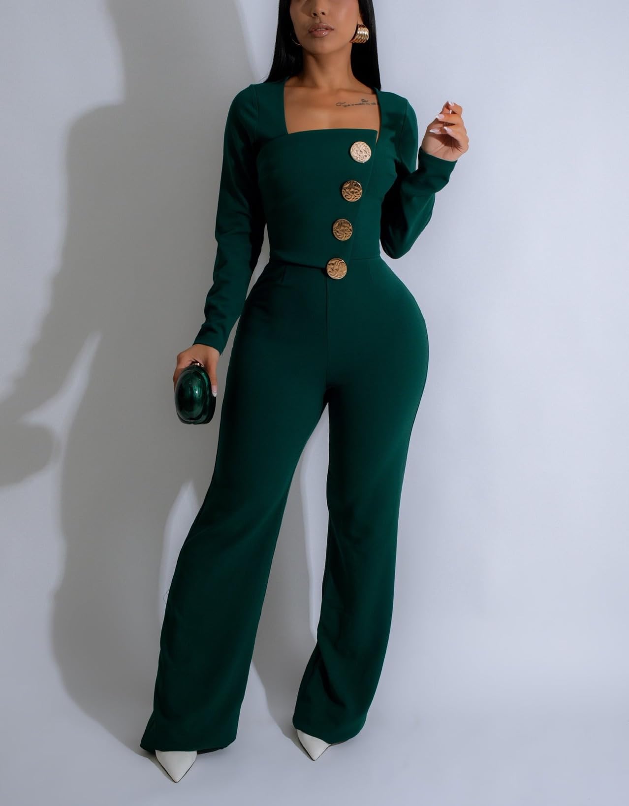 YSINTL Women's fashionable, sexy, elegant, high waisted, wide leg pants, club business party button jumpsuit