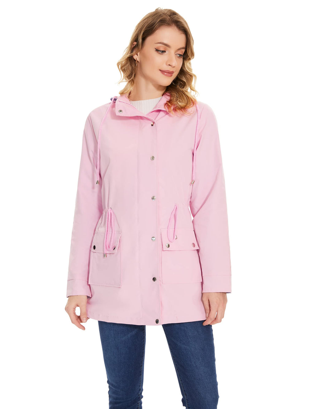 BBX Lephsnt Women’s Lightweight Waterproof Rain Jacket – Hooded Trench Windbreaker in Pink (Size M)