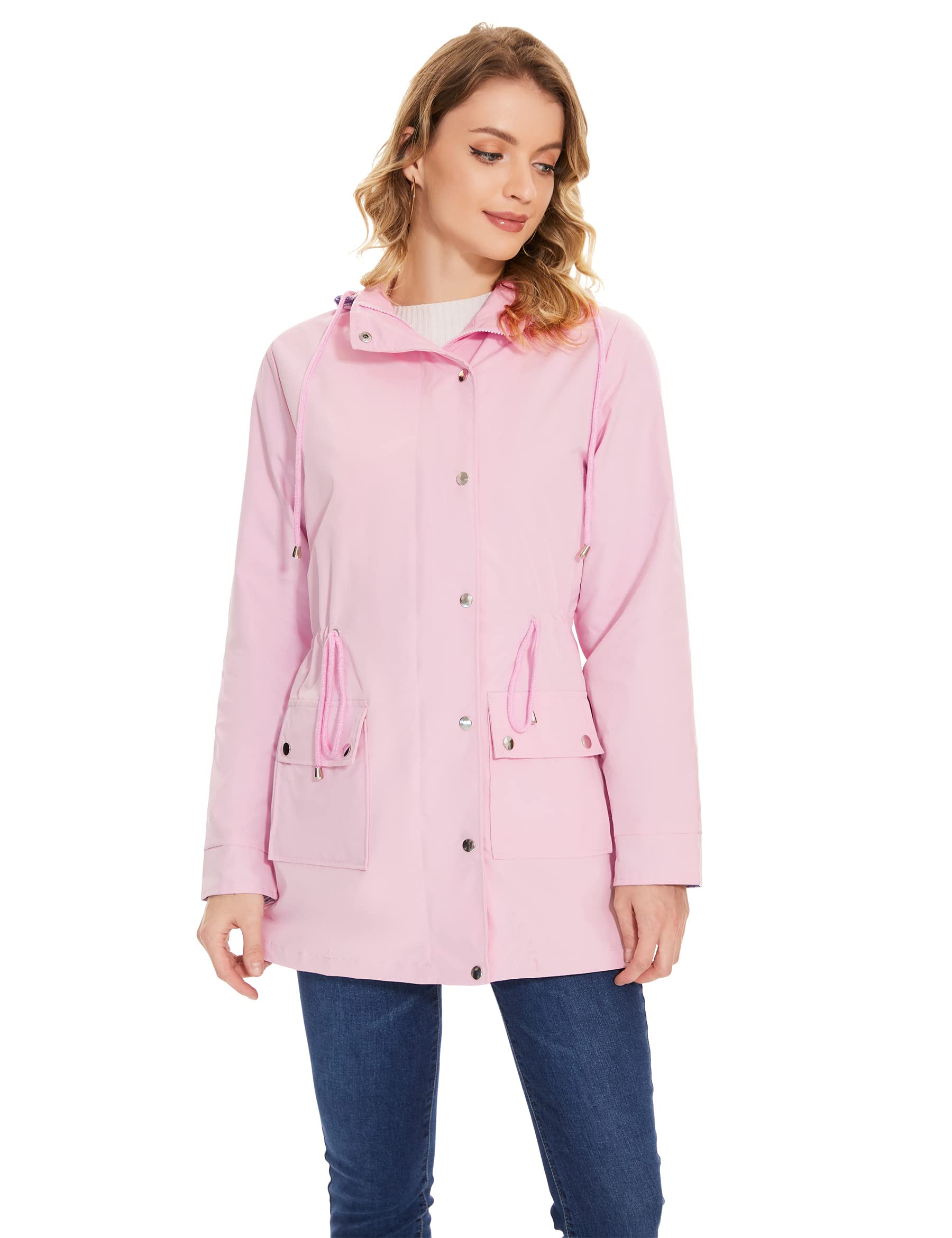 BBX Lephsnt Women’s Lightweight Waterproof Rain Jacket – Hooded Trench Windbreaker in Pink (Size M)