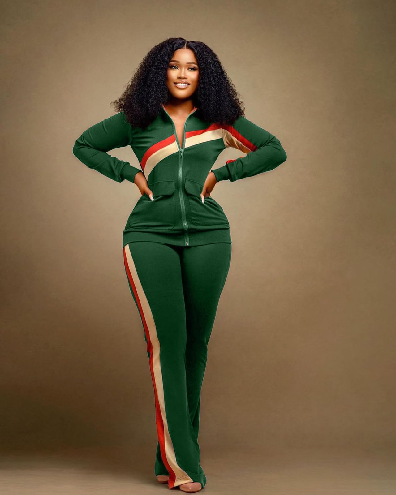 BFFBABY Women 2 Pieces Sporty Pants Set Zip-up Long Sleeves Color Block Sweatsuits Jogging Suits Casual Tracksuit Green