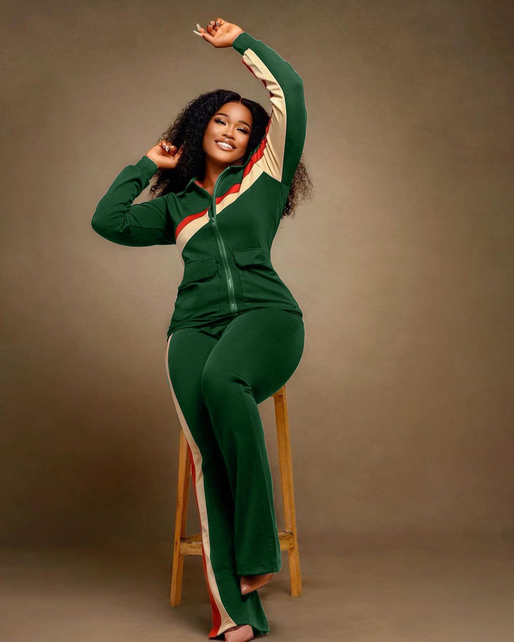 BFFBABY Women 2 Pieces Sporty Pants Set Zip-up Long Sleeves Color Block Sweatsuits Jogging Suits Casual Tracksuit Green