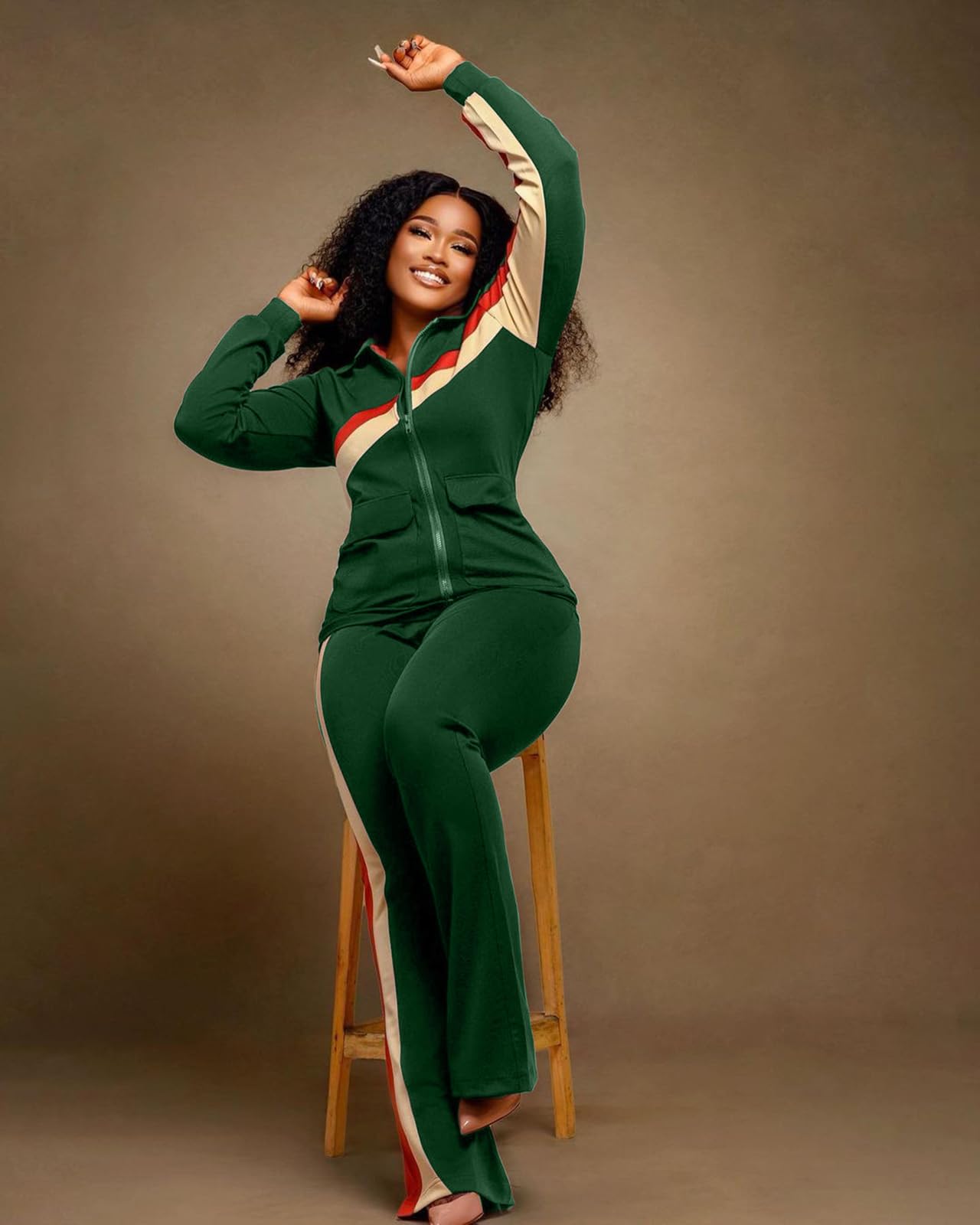 BFFBABY Women 2 Pieces Sporty Pants Set Zip-up Long Sleeves Color Block Sweatsuits Jogging Suits Casual Tracksuit Green