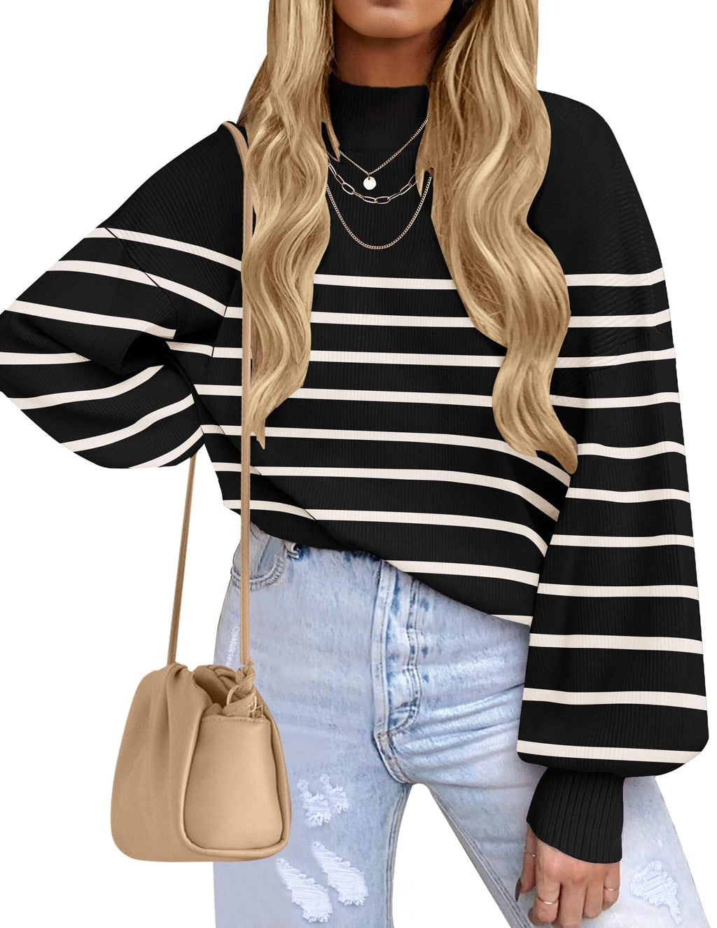 ZESICA Women’s Oversized Turtleneck Ribbed Knit Sweater – Long Lantern Sleeve Fall Pullover (2025 Collection)