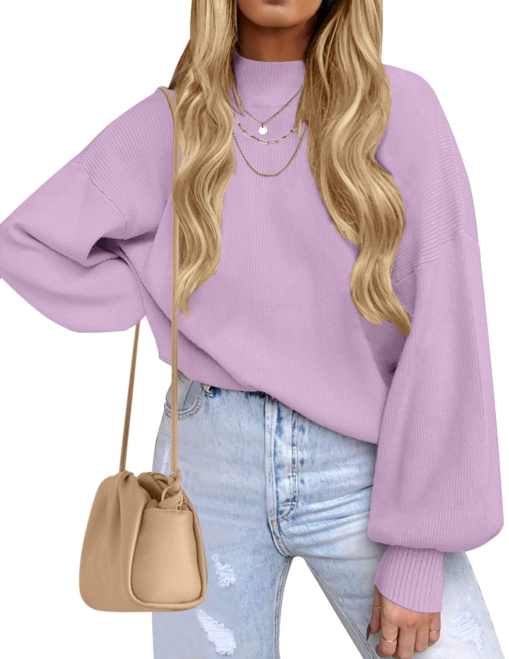 ZESICA Women’s Oversized Turtleneck Ribbed Knit Sweater – Long Lantern Sleeve Fall Pullover (2025 Collection)