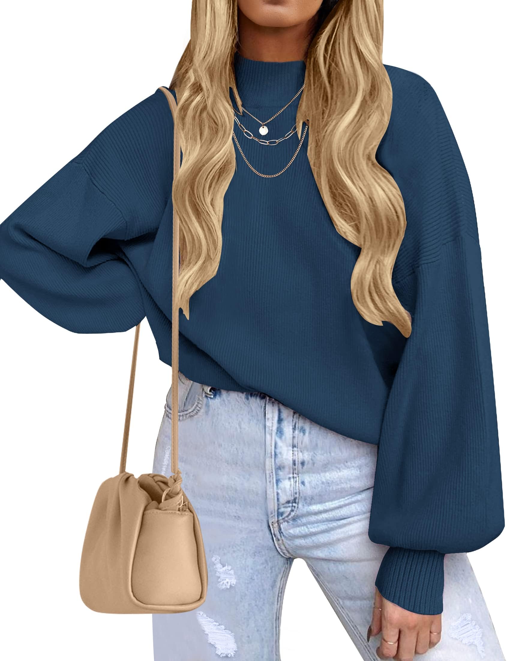 ZESICA Women’s Oversized Turtleneck Ribbed Knit Sweater – Long Lantern Sleeve Fall Pullover (2025 Collection)