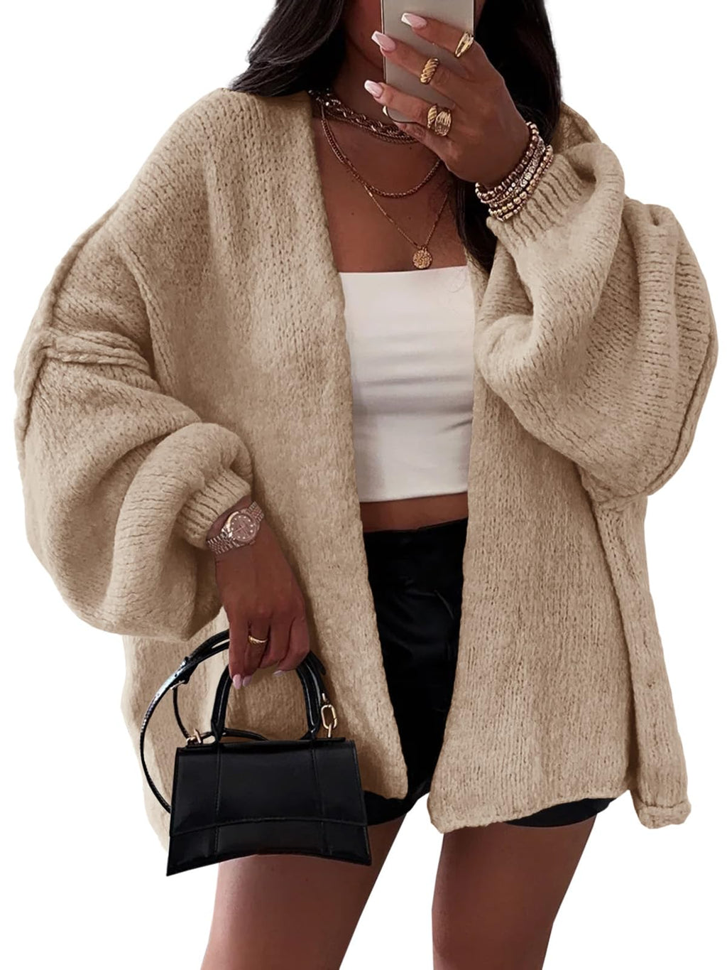 BKBEY Womens Oversized Cardigan Sweaters 2025 Fall Soft Puff Sleeve Cozy Open Front Chunky Sweater Khaki