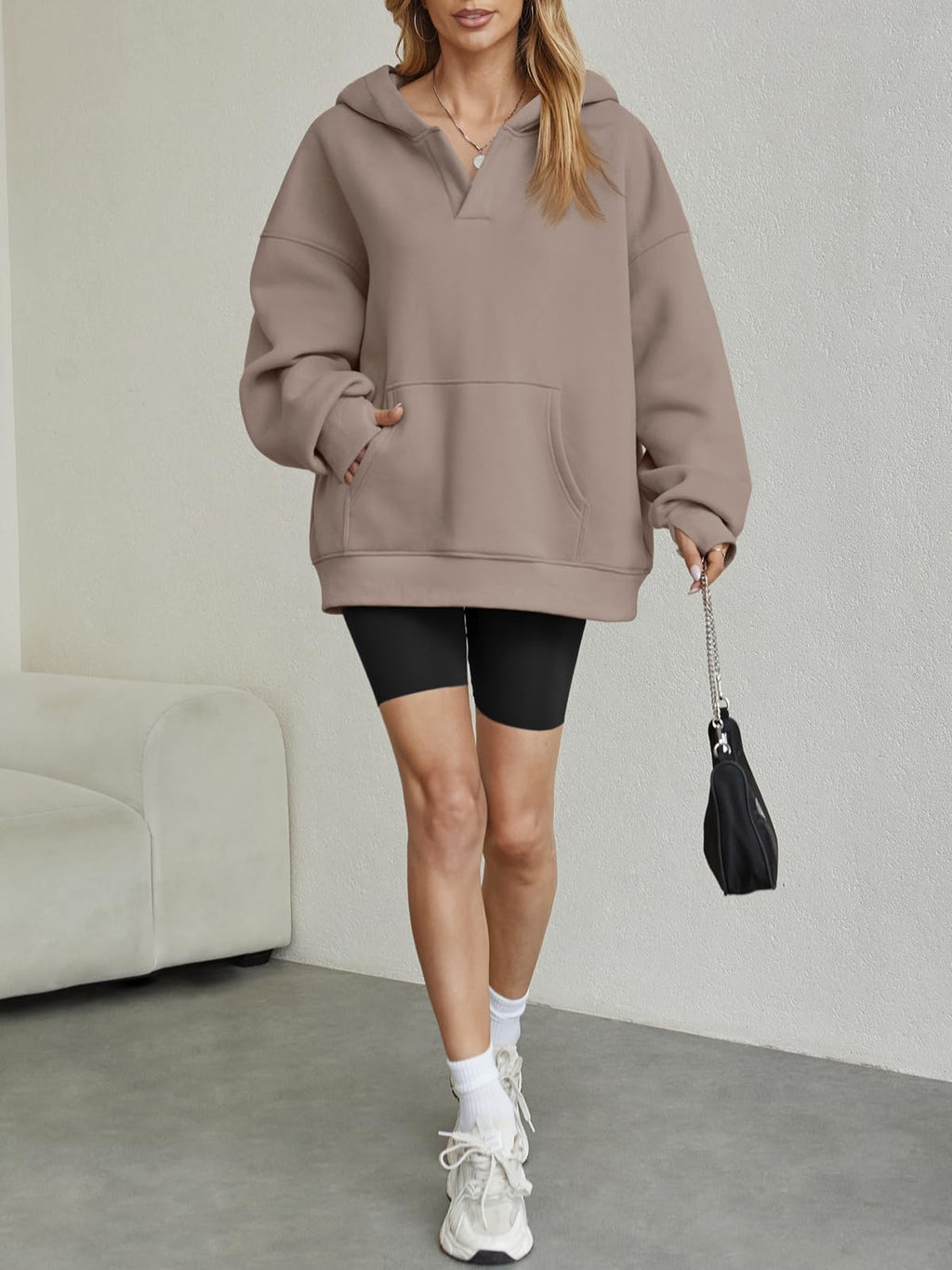 Trendy Queen Womens Oversized V Neck Hoodies with Thumb Hole Pullover Sweatshirts Y2k Clothes Fall Fashion Outfits 2025 CoffeeGrey