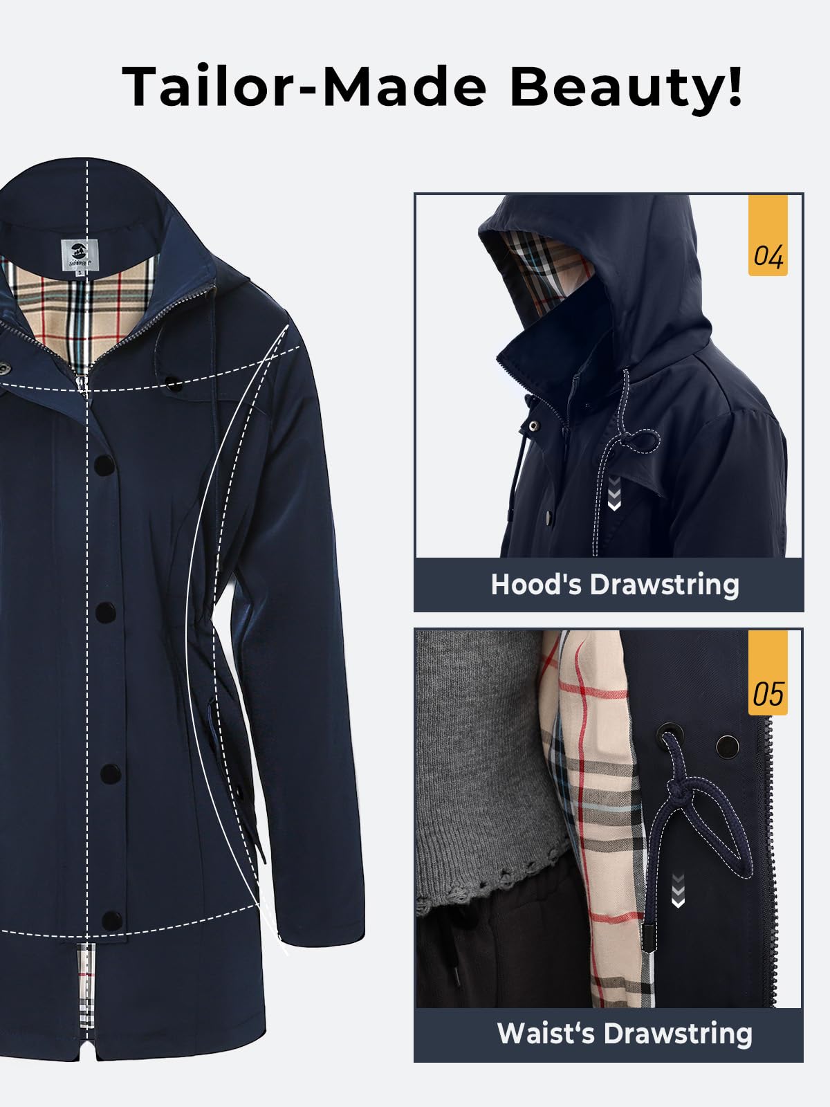 SaphiRose Women’s Long Hooded Rain Jacket – Navy Blue Outdoor Windbreaker (Size L)