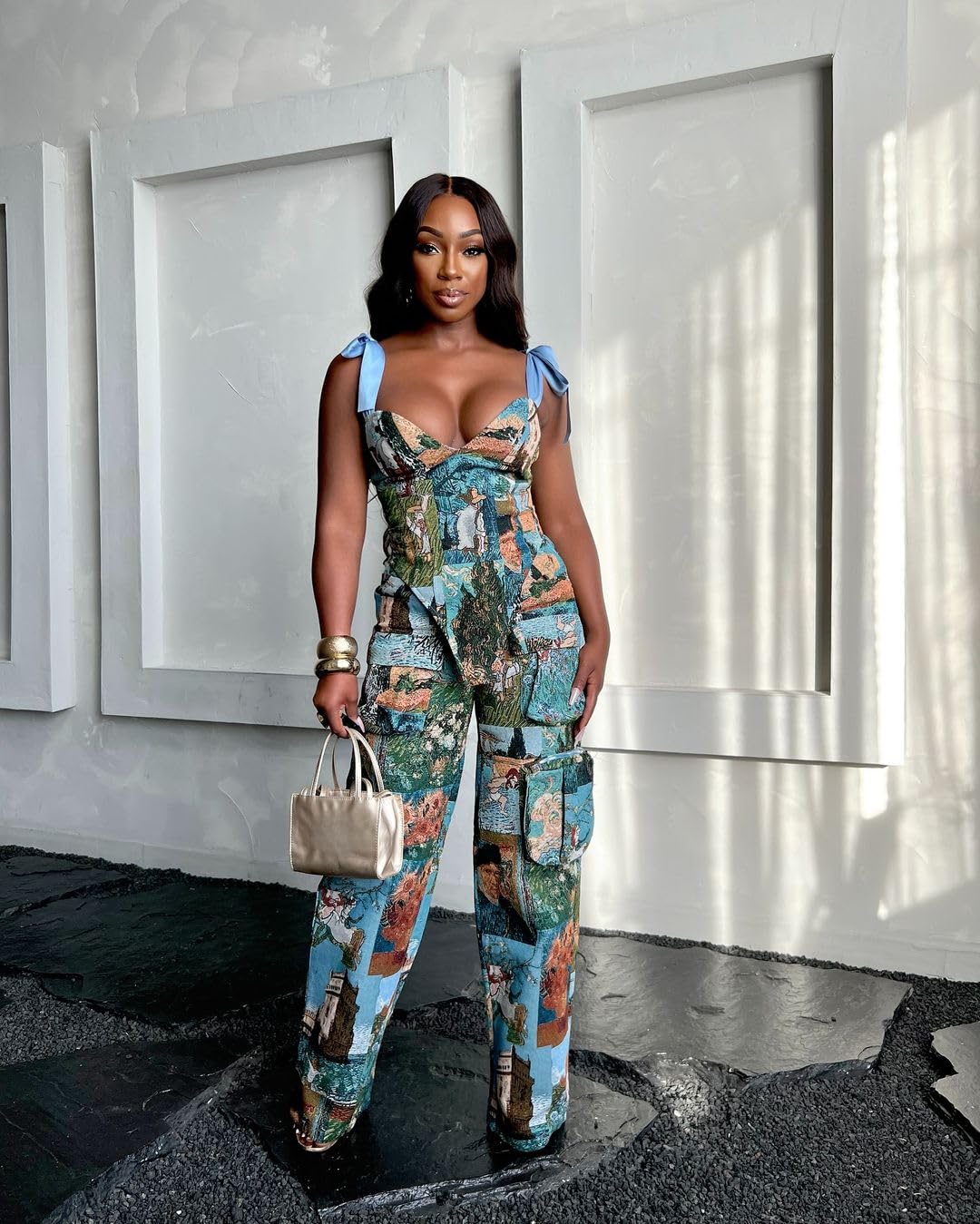 Molilove Sexy 2 Piece Sets for Women Pattern Print Sleeveless Crop Top and Wide Leg Pants with Pockets Soft Stretchy Outfits