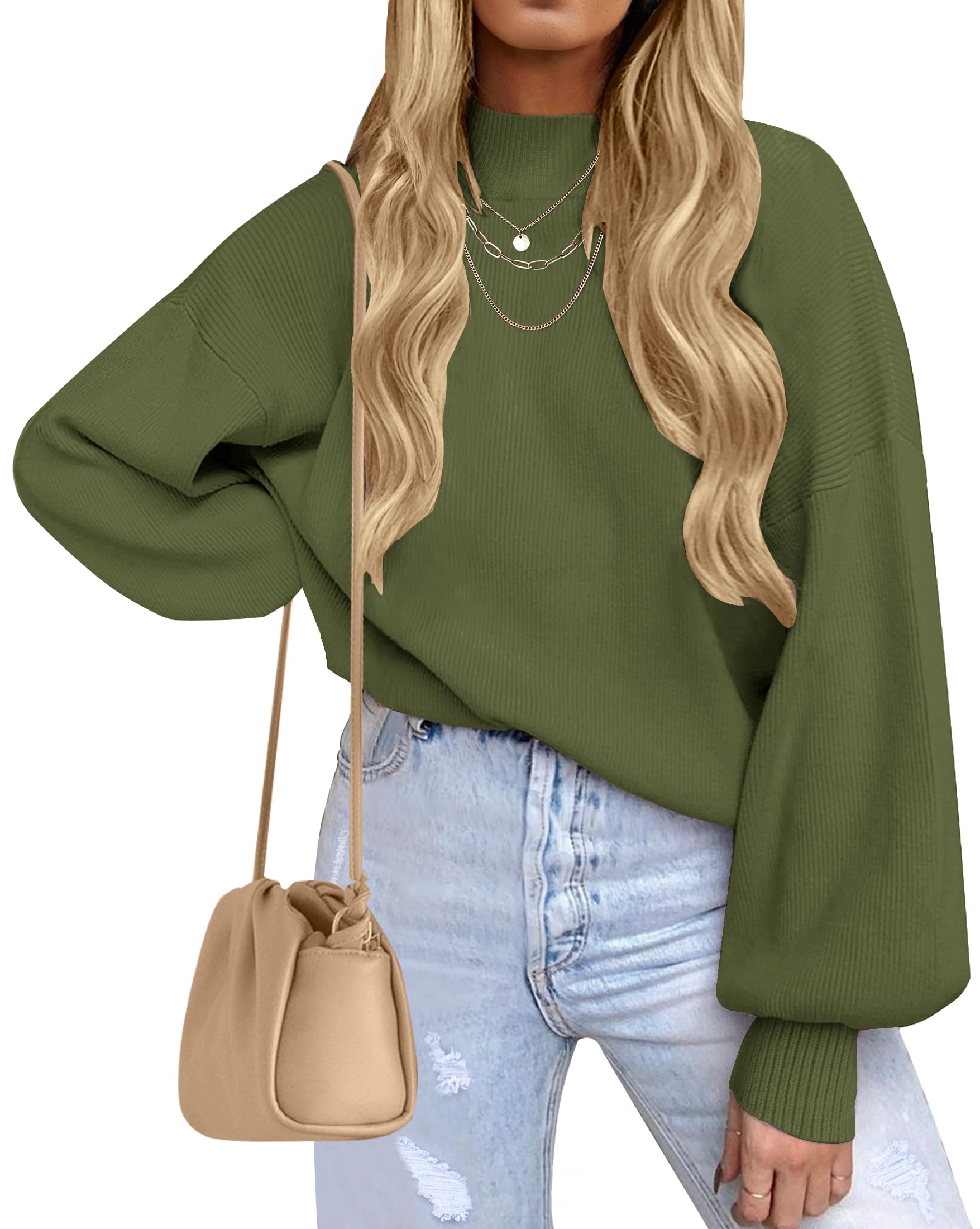 ZESICA Women’s Oversized Turtleneck Ribbed Knit Sweater – Long Lantern Sleeve Fall Pullover (2025 Collection)