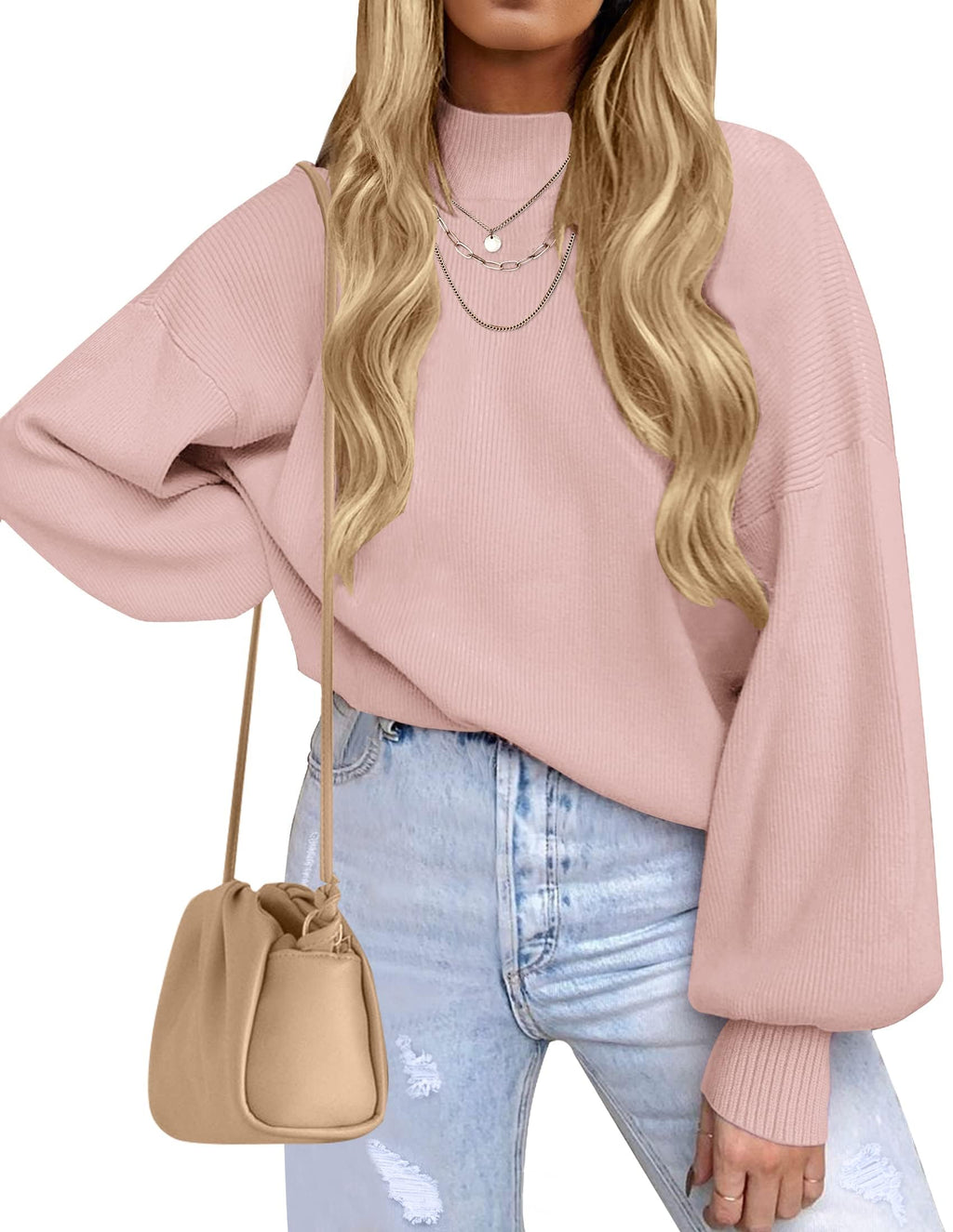 ZESICA Women’s Oversized Turtleneck Ribbed Knit Sweater – Long Lantern Sleeve Fall Pullover (2025 Collection)