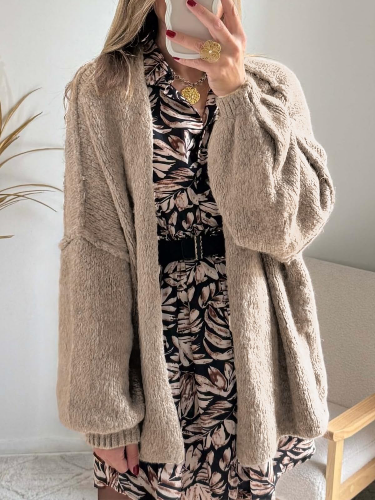 BKBEY Womens Oversized Cardigan Sweaters 2025 Fall Soft Puff Sleeve Cozy Open Front Chunky Sweater Khaki