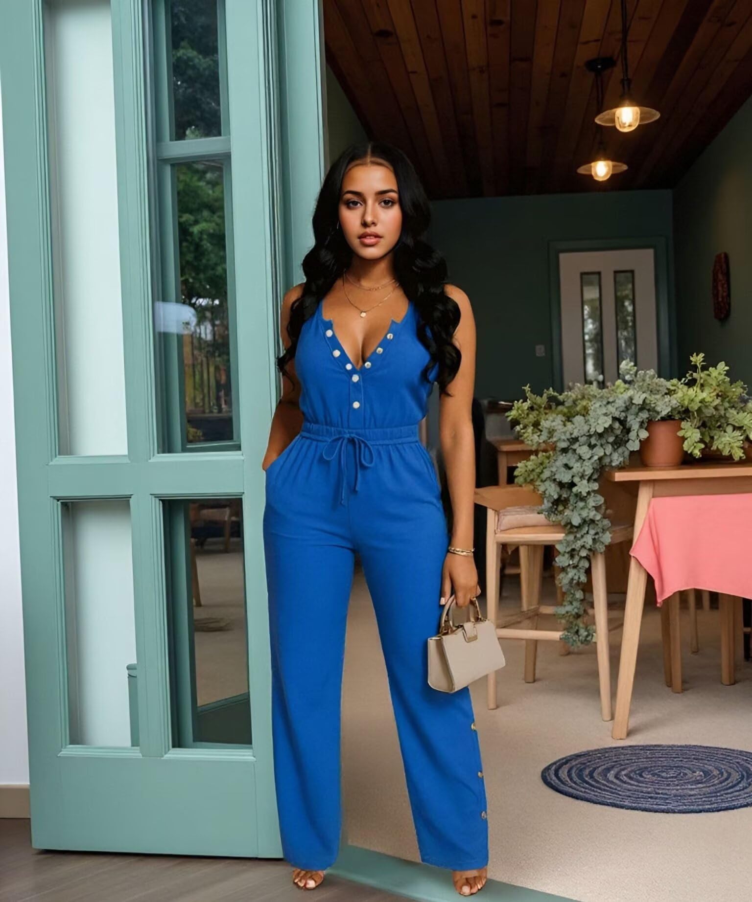 Women’s 2-Piece Summer Lounge Set – Sleeveless Button Crop Top & Split Wide-Leg Pants (Blue)