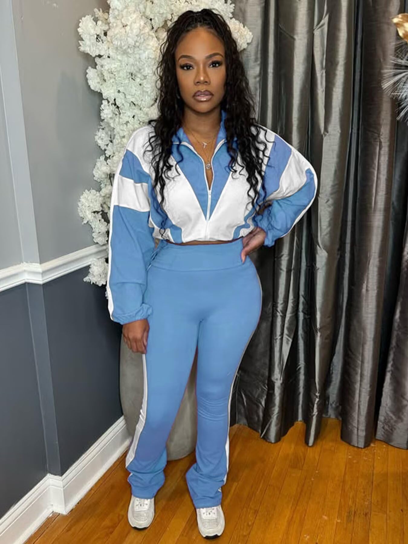 Remelon Womens 2 Piece Sweatsuits Color Block Long Sleeve Zipper Cropped Jacket Legging Pants Set Tracksuit Jogger Outfits
