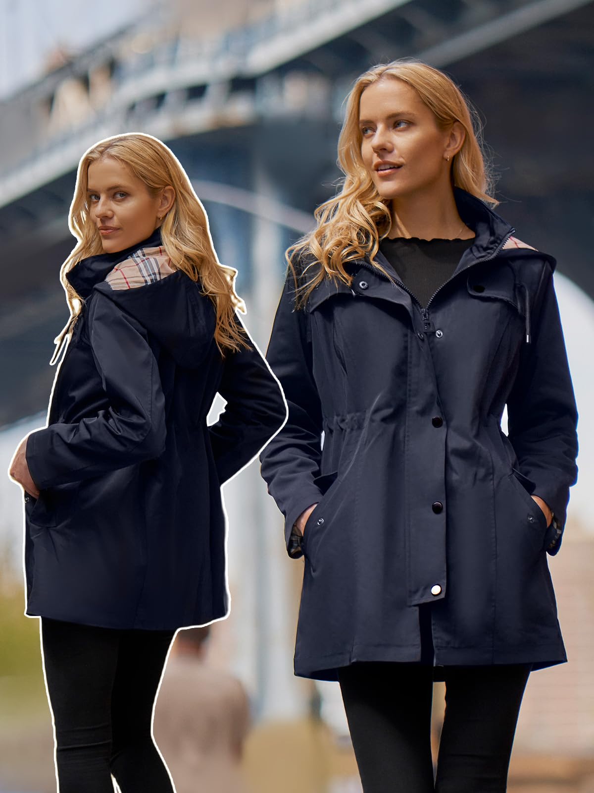 SaphiRose Women’s Long Hooded Rain Jacket – Navy Blue Outdoor Windbreaker (Size L)