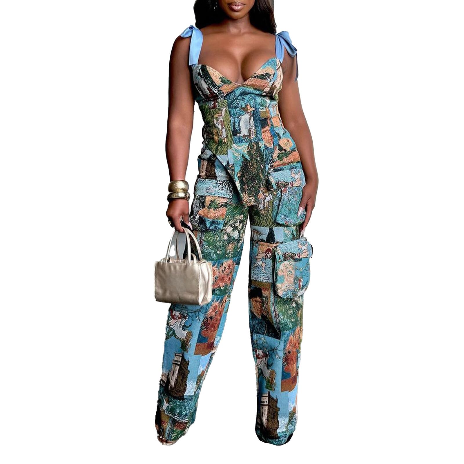 Molilove Sexy 2 Piece Sets for Women Pattern Print Sleeveless Crop Top and Wide Leg Pants with Pockets Soft Stretchy Outfits