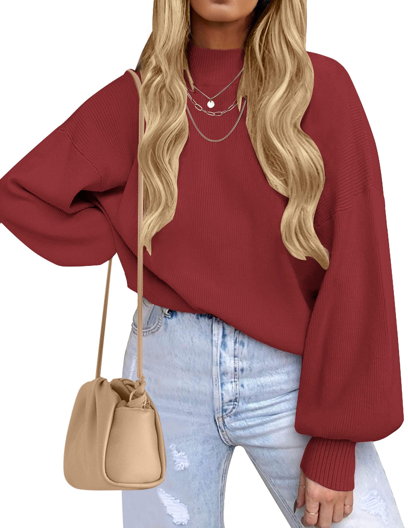 ZESICA Women’s Oversized Turtleneck Ribbed Knit Sweater – Long Lantern Sleeve Fall Pullover (2025 Collection)