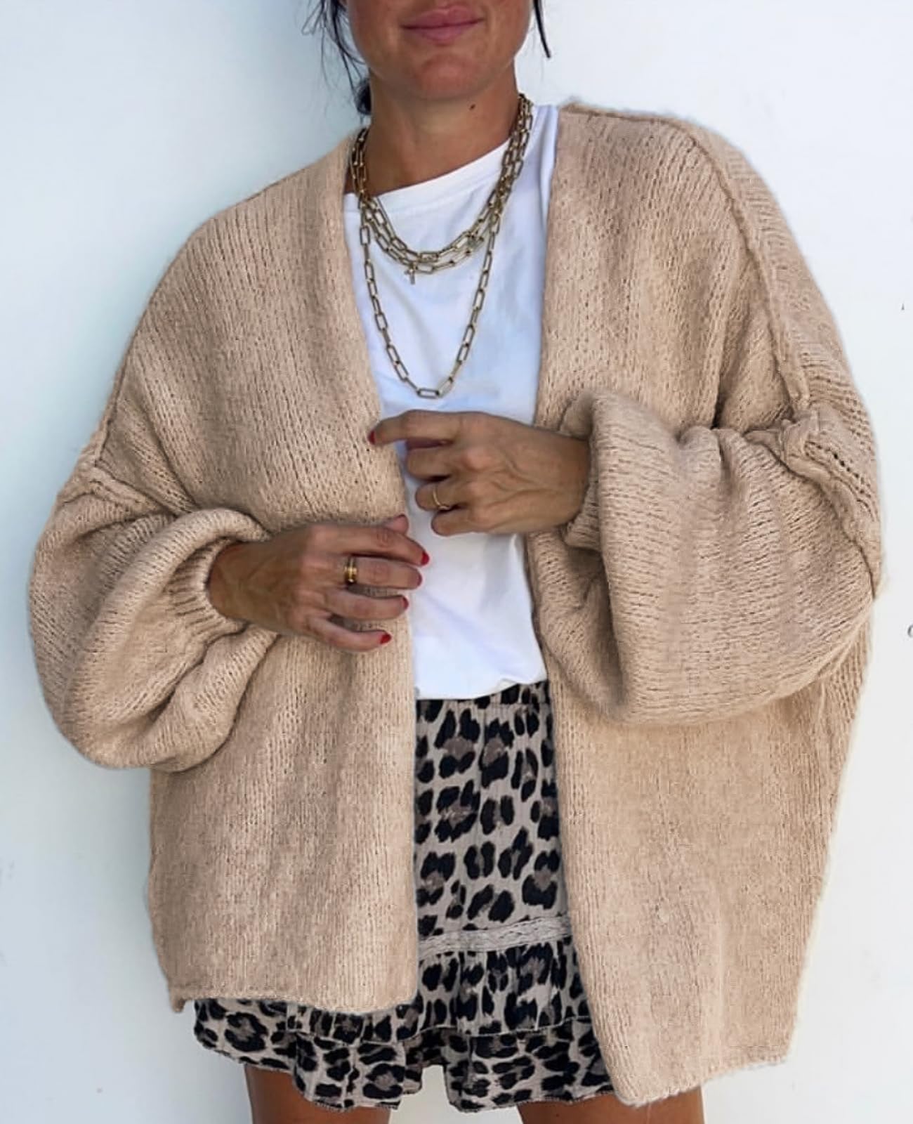 BKBEY Womens Oversized Cardigan Sweaters 2025 Fall Soft Puff Sleeve Cozy Open Front Chunky Sweater Khaki