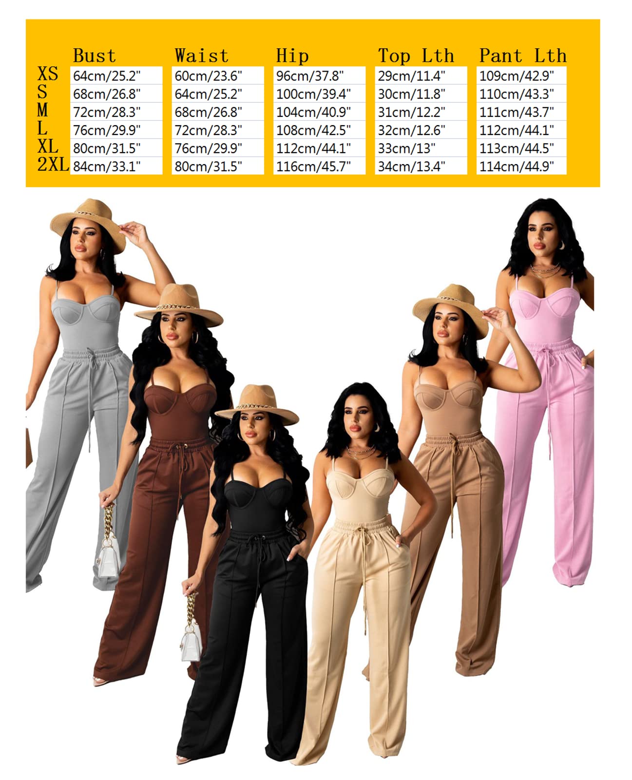 Bluewolfsea Women Sexy 2 Piece Outfits Jumpsuit Summer Sleeveless Cami Crop Top Wide Leg Long Pants Set Medium Apricot