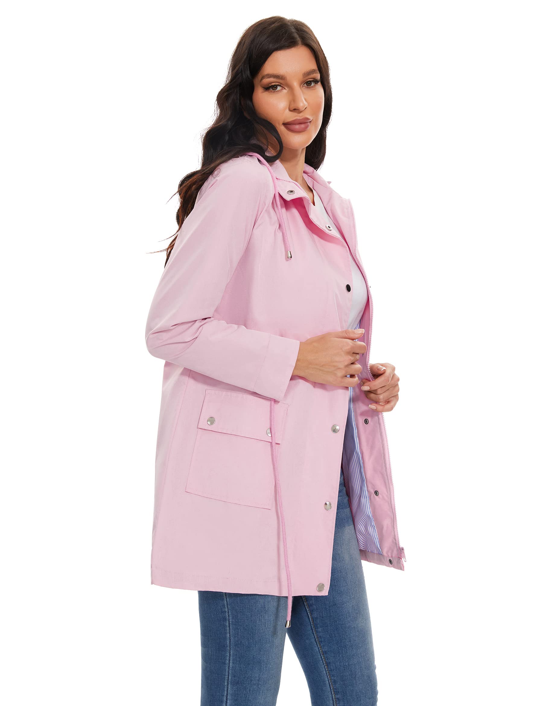 BBX Lephsnt Women’s Lightweight Waterproof Rain Jacket – Hooded Trench Windbreaker in Pink (Size M)