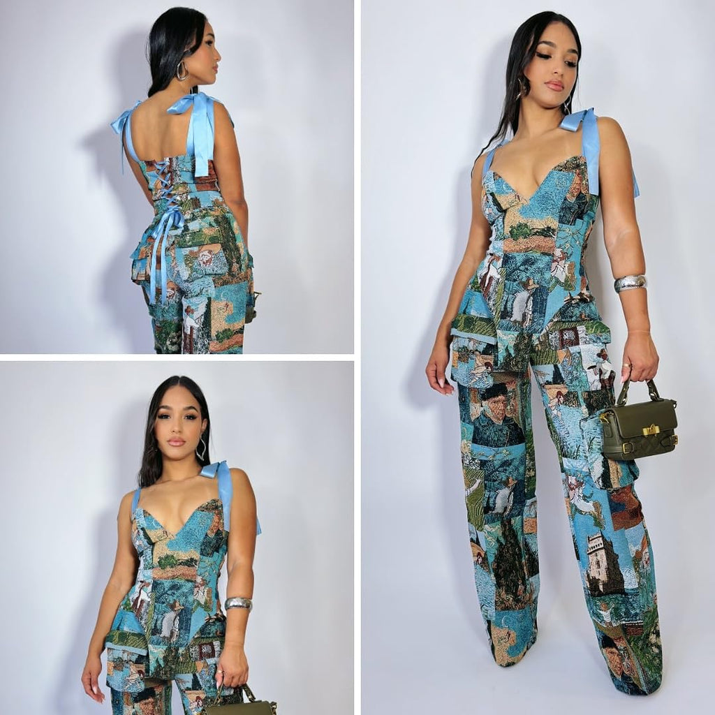 Molilove Sexy 2 Piece Sets for Women Pattern Print Sleeveless Crop Top and Wide Leg Pants with Pockets Soft Stretchy Outfits