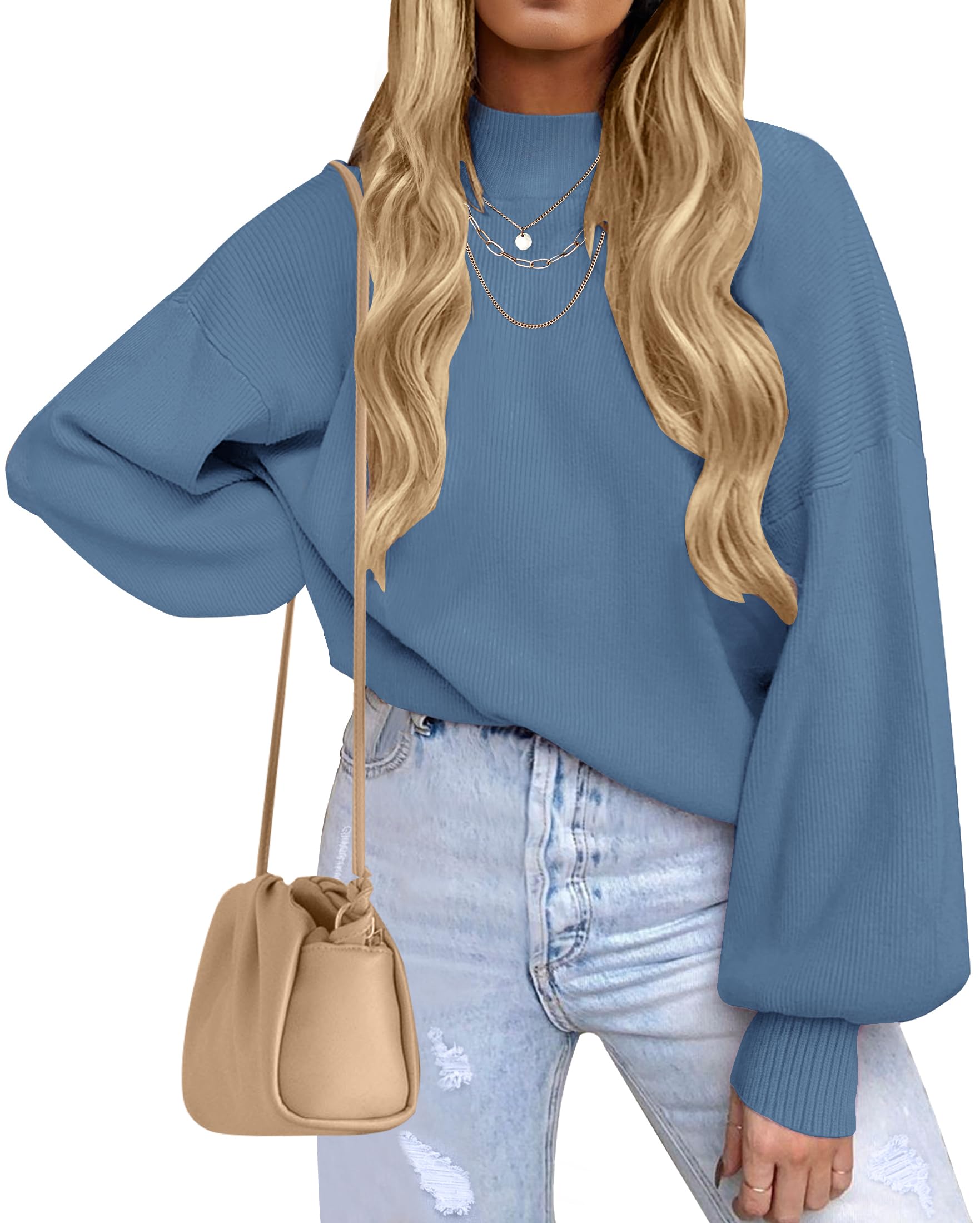 ZESICA Women’s Oversized Turtleneck Ribbed Knit Sweater – Long Lantern Sleeve Fall Pullover (2025 Collection)