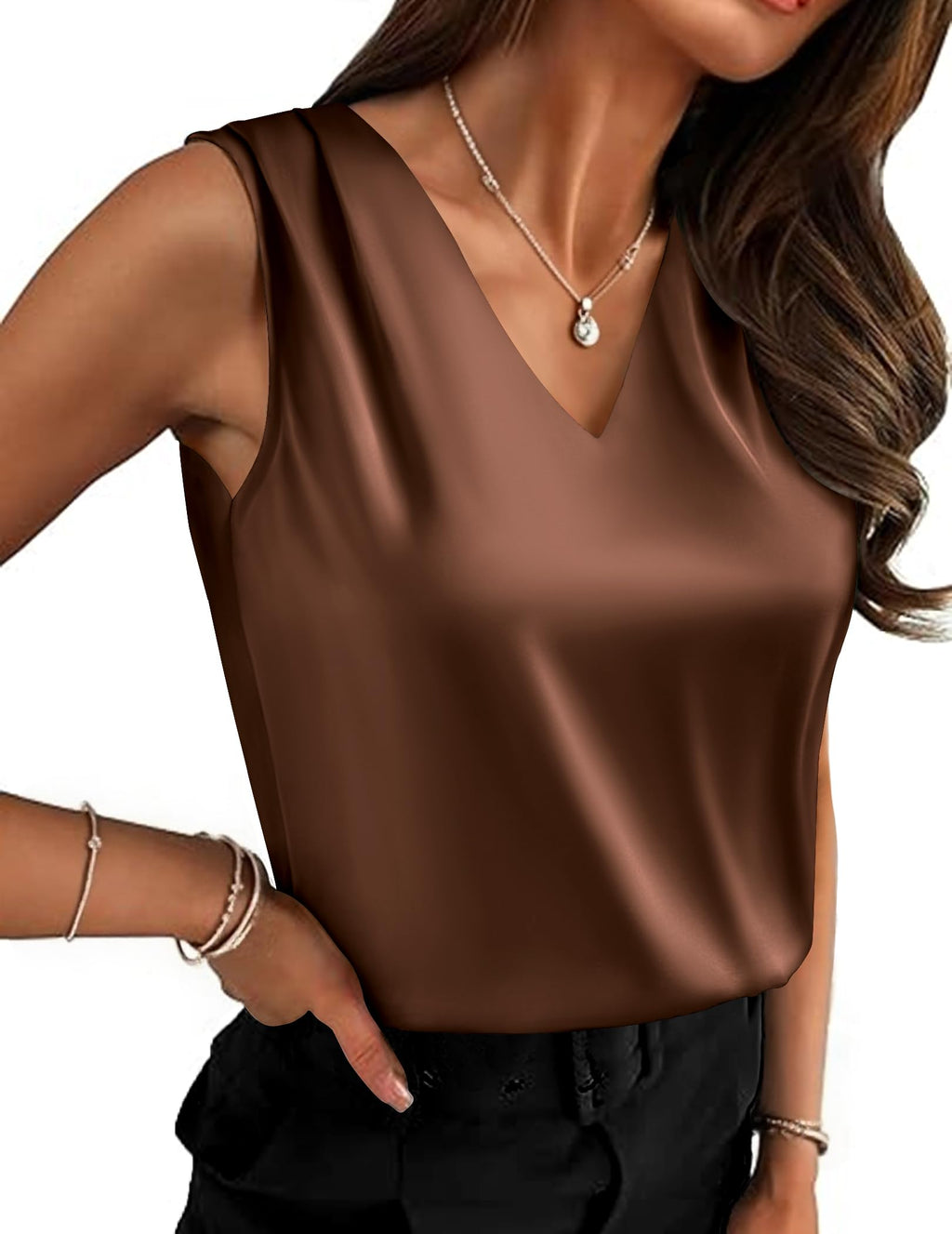 Zeagoo Satin Tops for Women Business Casual Pleated Tank Tops 2025 Summer Silk Camisole Top Dressy Work Outfits Brown
