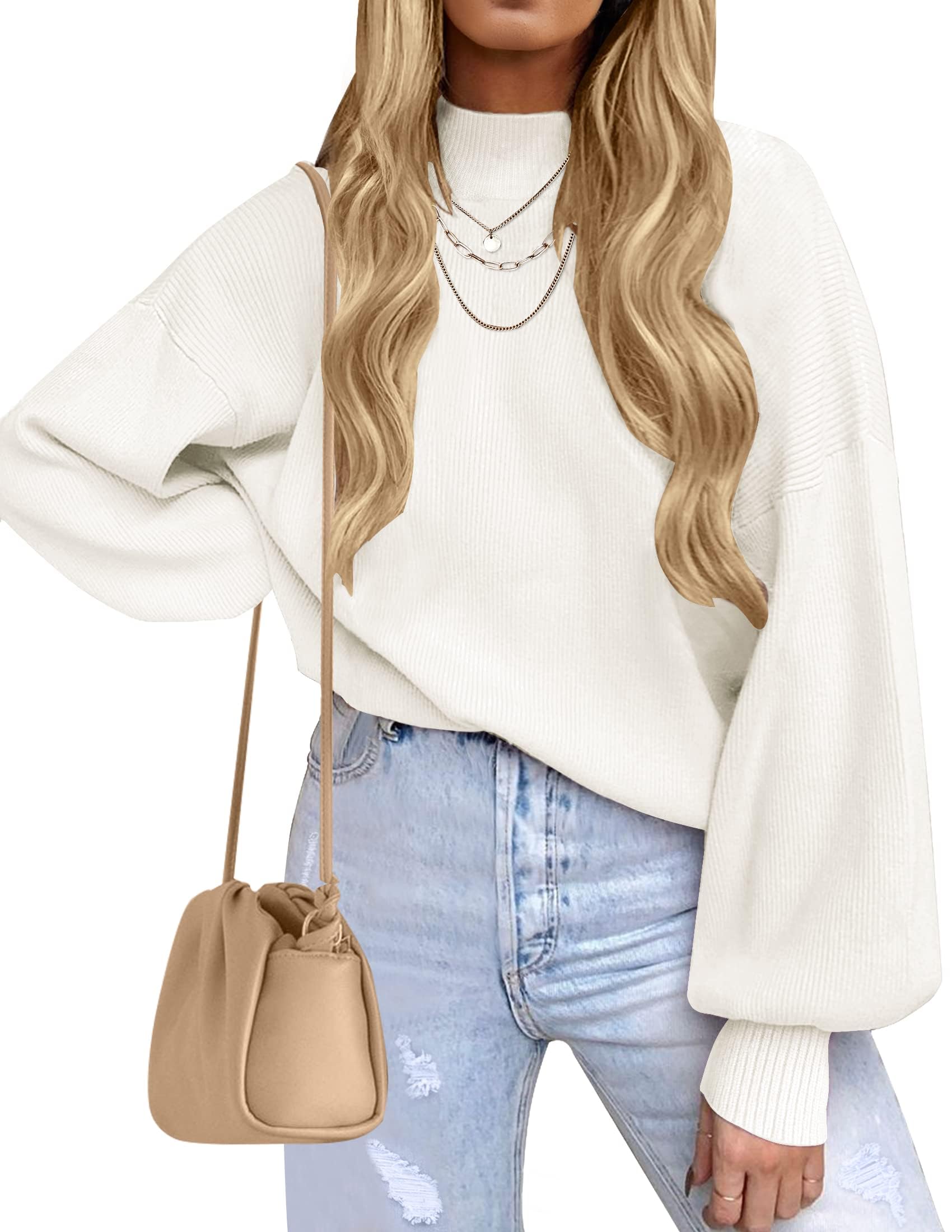 ZESICA Women’s Oversized Turtleneck Ribbed Knit Sweater – Long Lantern Sleeve Fall Pullover (2025 Collection)