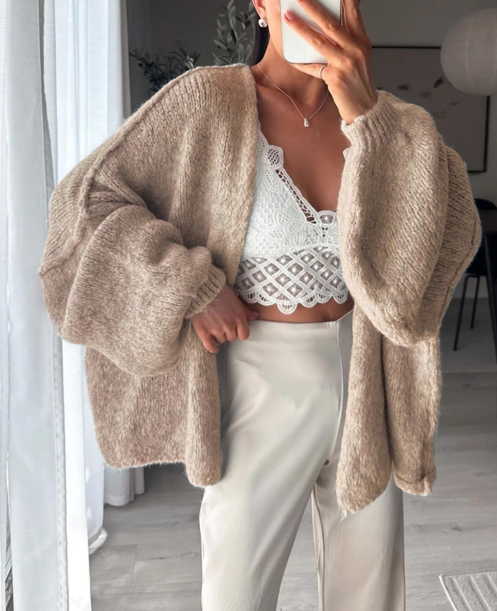 BKBEY Womens Oversized Cardigan Sweaters 2025 Fall Soft Puff Sleeve Cozy Open Front Chunky Sweater Khaki