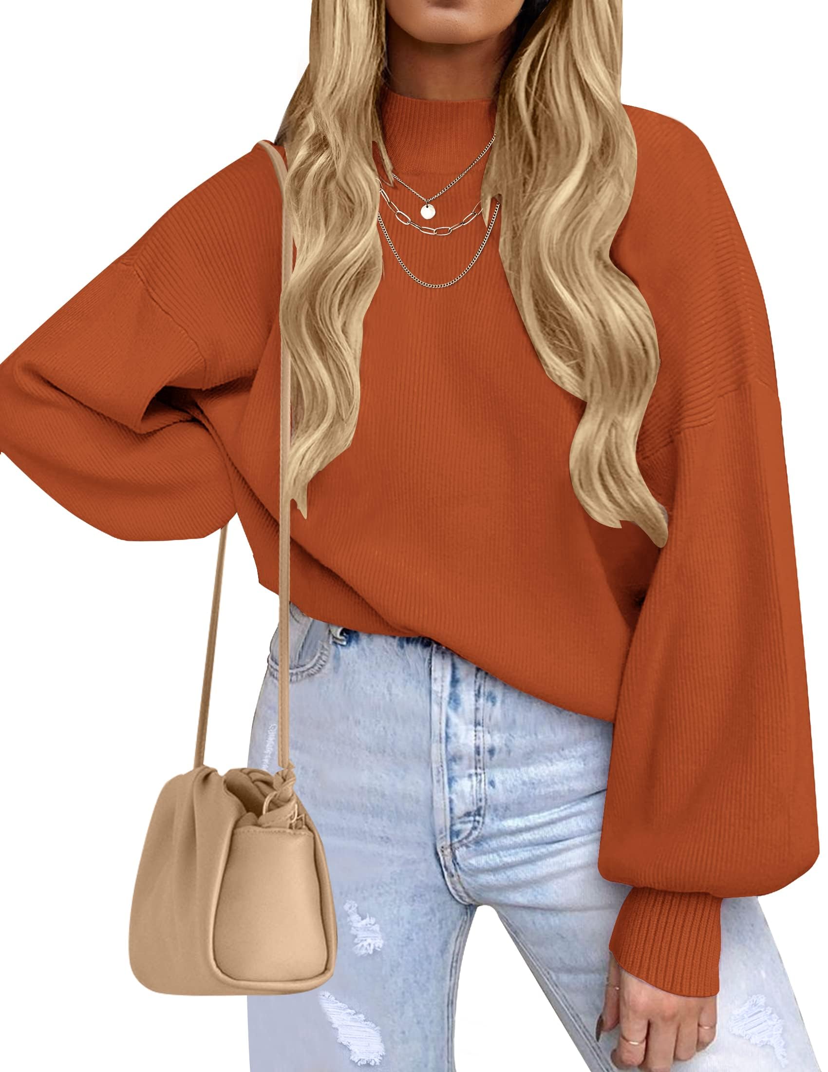 ZESICA Women’s Oversized Turtleneck Ribbed Knit Sweater – Long Lantern Sleeve Fall Pullover (2025 Collection)