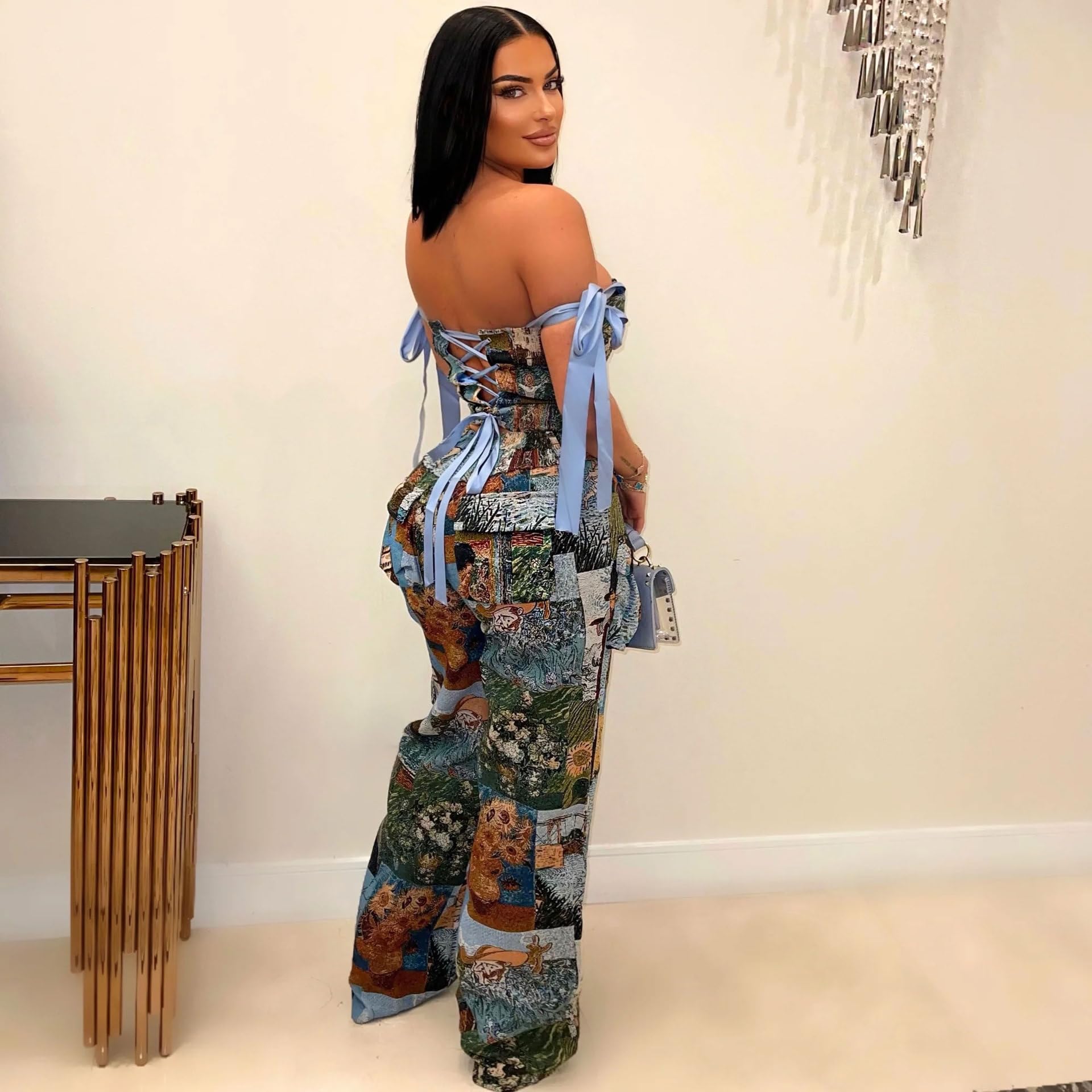 Molilove Sexy 2 Piece Sets for Women Pattern Print Sleeveless Crop Top and Wide Leg Pants with Pockets Soft Stretchy Outfits