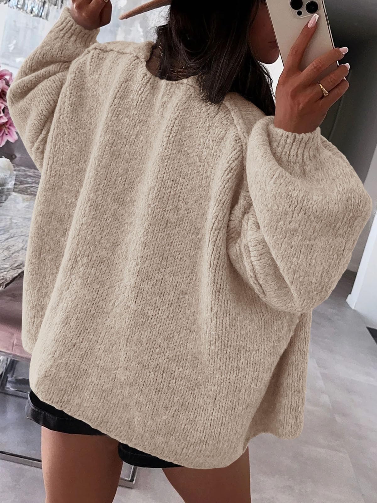 BKBEY Womens Oversized Cardigan Sweaters 2025 Fall Soft Puff Sleeve Cozy Open Front Chunky Sweater Khaki