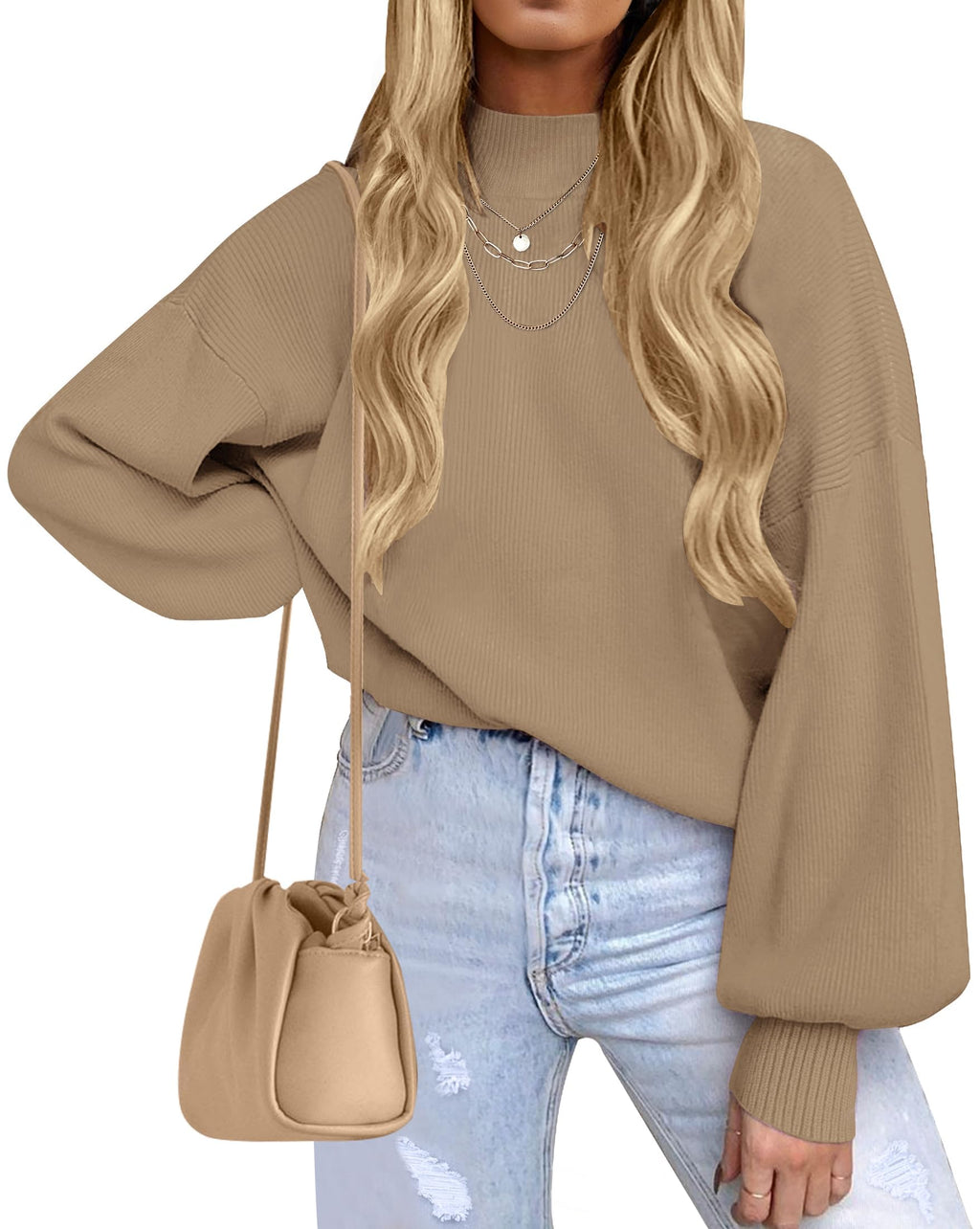 ZESICA Women’s Oversized Turtleneck Ribbed Knit Sweater – Long Lantern Sleeve Fall Pullover (2025 Collection)