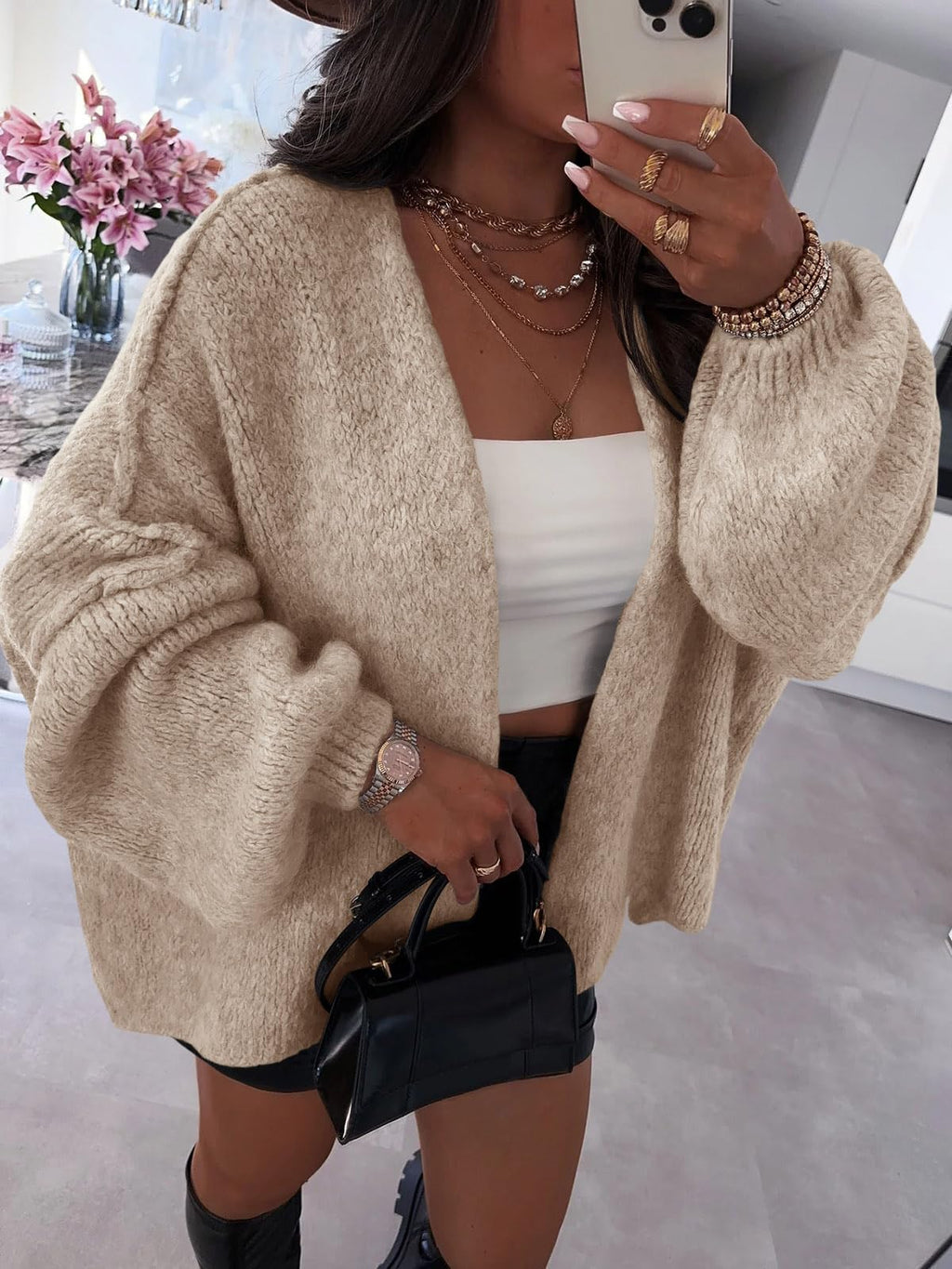 BKBEY Womens Oversized Cardigan Sweaters 2025 Fall Soft Puff Sleeve Cozy Open Front Chunky Sweater Khaki