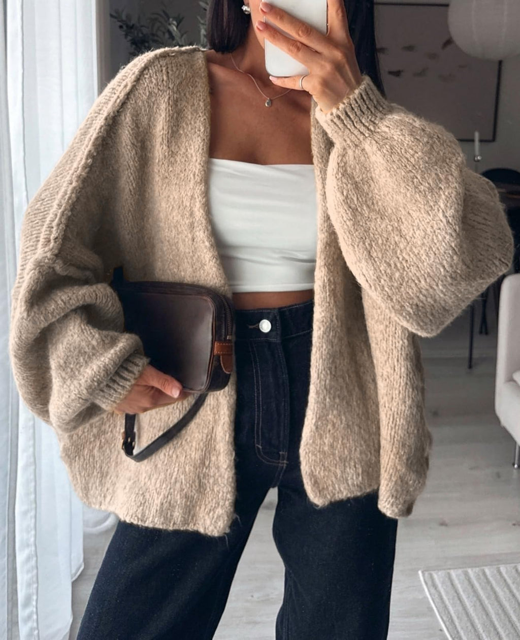 BKBEY Womens Oversized Cardigan Sweaters 2025 Fall Soft Puff Sleeve Cozy Open Front Chunky Sweater Khaki