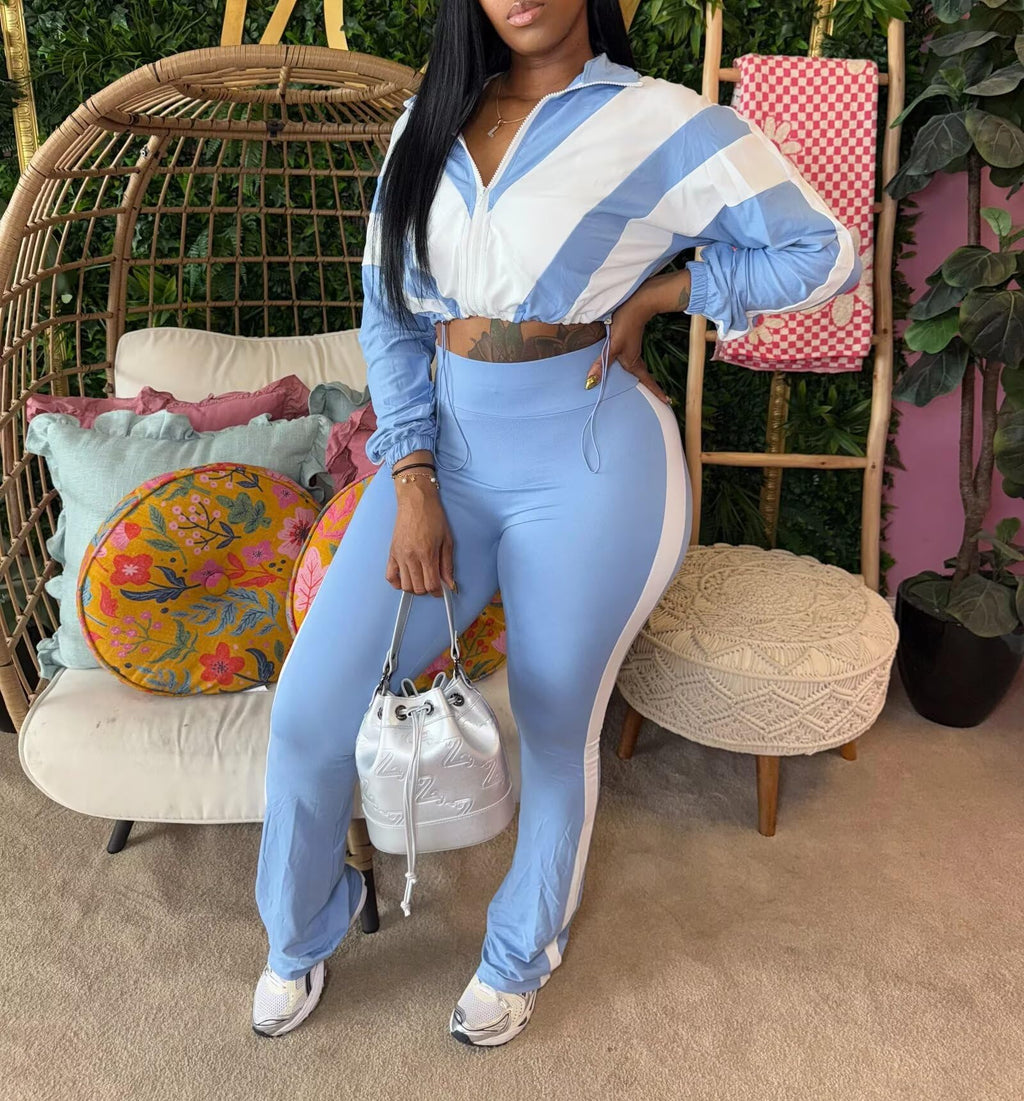 Remelon Womens 2 Piece Sweatsuits Color Block Long Sleeve Zipper Cropped Jacket Legging Pants Set Tracksuit Jogger Outfits